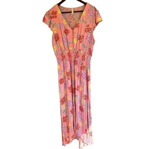 BeBop Pink Floral Midi Dress Size XL Button Down V Neck Short Sleeve Hi Low Hem